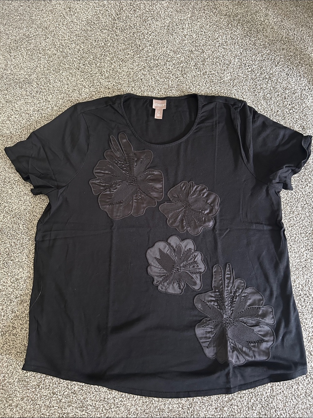 Chico's Black Short-Sleeve Floral Appliqué Tee